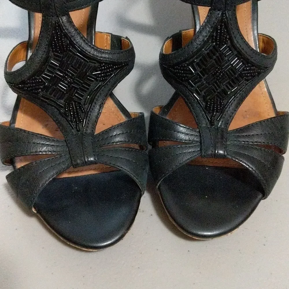Clark's Black leather sling back cork wedge strappy beaded sandals 10M